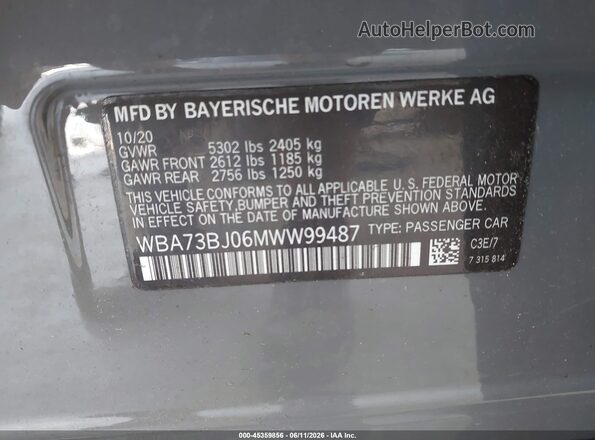 WBA73BJ06MWW99487 2021 BMW 5 SERIES Gray Widok komory silnika