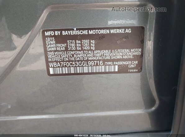 WBA7F0C53GGL99716 2016 BMW 7 SERIES Gray Vista del compartimento del motor