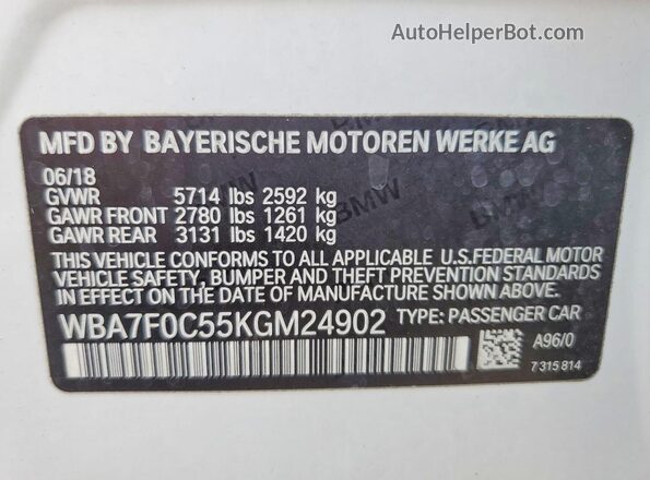 WBA7F0C55KGM24902 2019 BMW OTHER White 