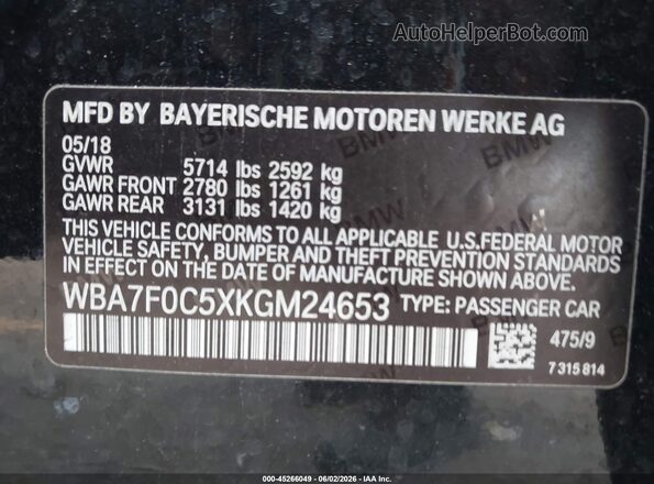 WBA7F0C5XKGM24653 2019 BMW 7 SERIES Black Vista del compartimento del motor