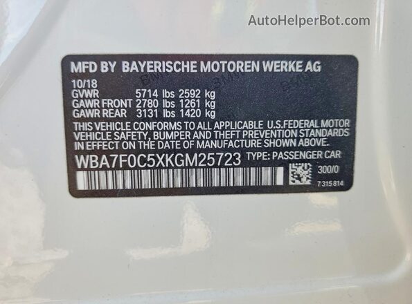 WBA7F0C5XKGM25723 2019 BMW 7 SERIES White Вид наклейки з VIN-кодом