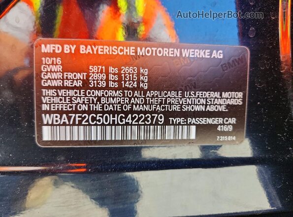 WBA7F2C50HG422379 2017 BMW 7 SERIES Black VIN კოდის სტიკერის ხედი