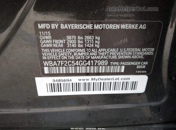WBA7F2C54GG417989 2016 BMW 7 SERIES Gray Vista del compartimento del motor