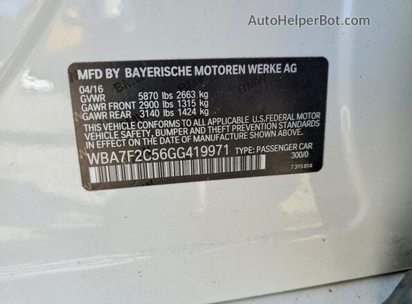 WBA7F2C56GG419971 2016 BMW 7 SERIES White Вид наклейки з VIN-кодом