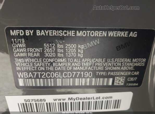WBA7T2C06LCD77190 2020 BMW 7 SERIES Gray Vista del compartimento del motor