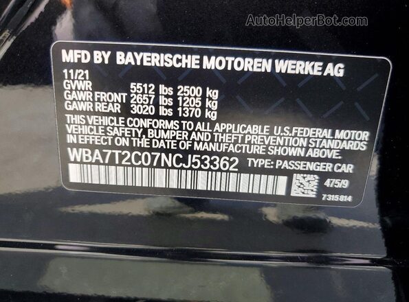 WBA7T2C07NCJ53362 2022 BMW 7 SERIES Black Շարժիչի բաժամունքի տեսք