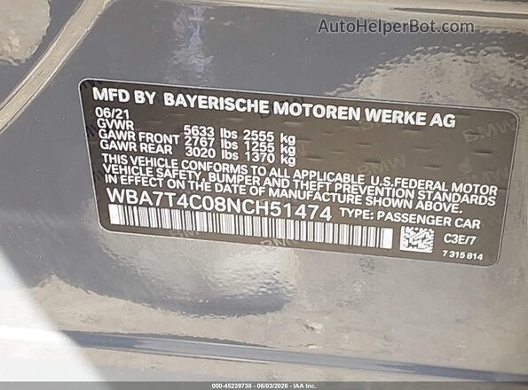 WBA7T4C08NCH51474 2022 BMW 7 SERIES Gray Вид підкапотного простору