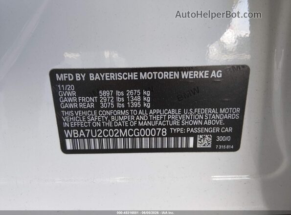 WBA7U2C02MCG00078 2021 BMW 7 SERIES Белый Вид подкапотного пространства
