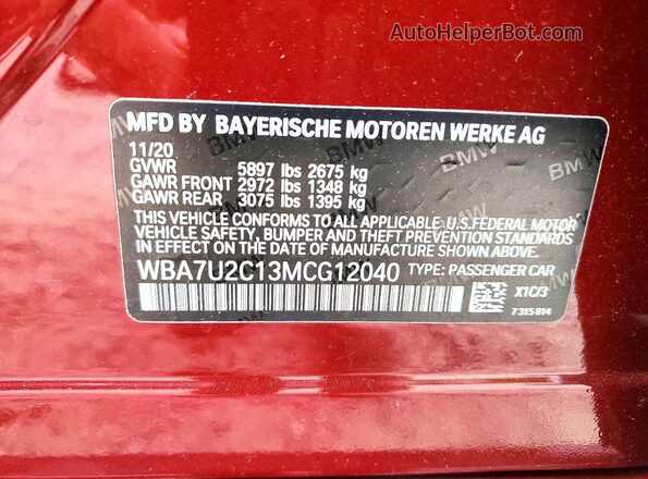 WBA7U2C13MCG12040 2021 BMW ALPINA Maroon Widok naklejki z numerem VIN