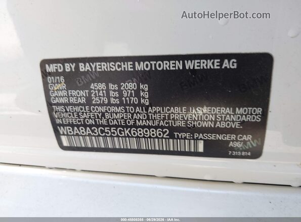 WBA8A3C55GK689862 2016 BMW 3 SERIES White ძრავის განყოფილების ხედი