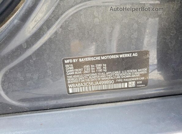 WBA8A3C56JA499890 2018 BMW 3 SERIES Gray Widok naklejki z numerem VIN