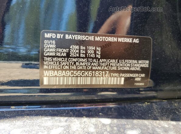 WBA8A9C56GK618317 2016 BMW 3 SERIES Синий Вид наклейки с VIN-кодом