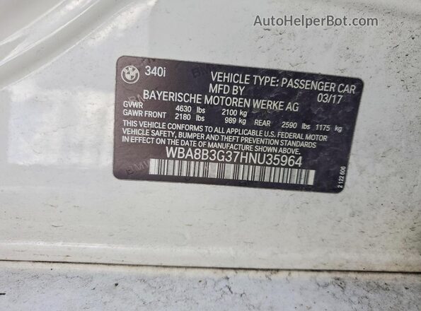 WBA8B3G37HNU35964 2017 BMW 3 SERIES White Widok naklejki z numerem VIN
