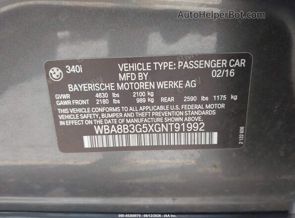 WBA8B3G5XGNT91992 2016 BMW 3 SERIES Gray Вид підкапотного простору