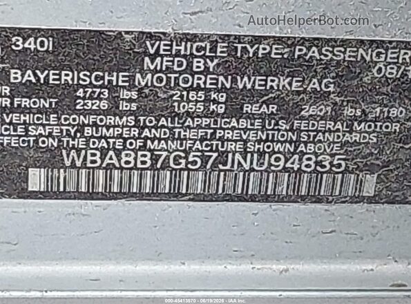 WBA8B7G57JNU94835 2018 BMW 3 SERIES Silver Engine compartment view
