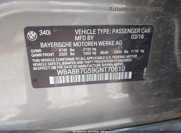 WBA8B7G59GNT70610 2016 BMW 3 SERIES Gray Engine compartment view