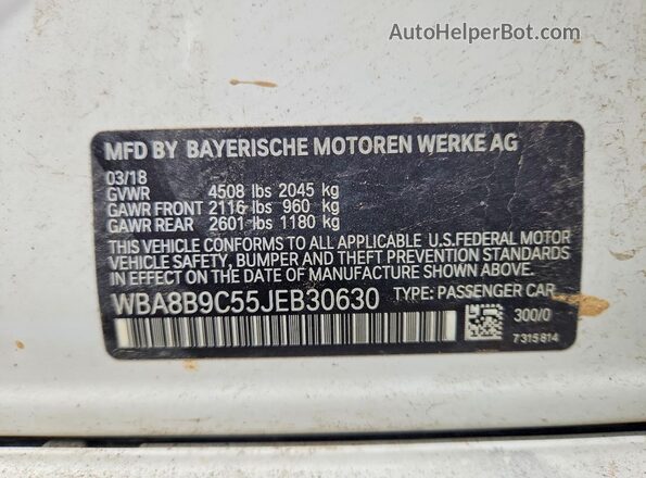 WBA8B9C55JEB30630 2018 BMW 3 SERIES Белый Вид наклейки с VIN-кодом
