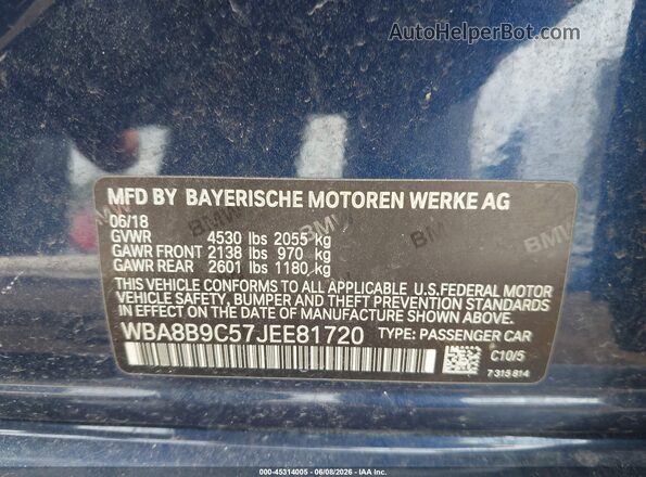 WBA8B9C57JEE81720 2018 BMW 3 SERIES Blue Engine compartment view