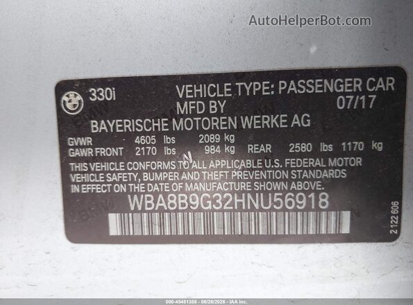 WBA8B9G32HNU56918 2017 BMW 3 SERIES Silver Вид підкапотного простору