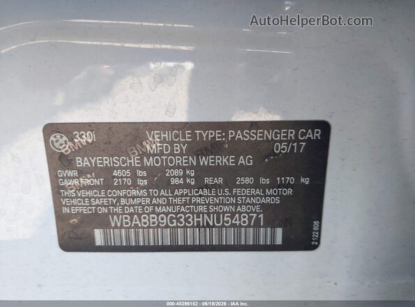 WBA8B9G33HNU54871 2017 BMW 3 SERIES White Շարժիչի բաժամունքի տեսք
