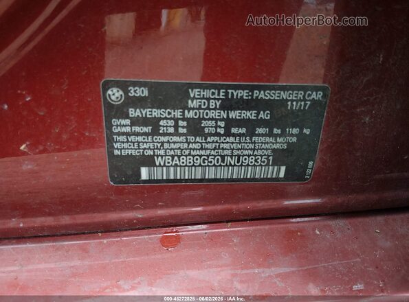 WBA8B9G50JNU98351 2018 BMW 3 SERIES Красный Вид подкапотного пространства