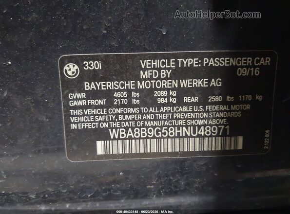 WBA8B9G58HNU48971 2017 BMW 3 SERIES Blue Vista del compartimento del motor