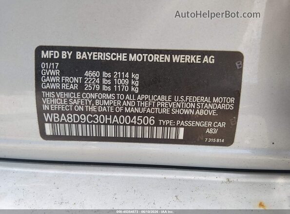 WBA8D9C30HA004506 2017 BMW 3 SERIES Silver Շարժիչի բաժամունքի տեսք