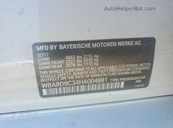 WBA8D9C34HA004881 2017 BMW 3 SERIES White Vista del compartimento del motor