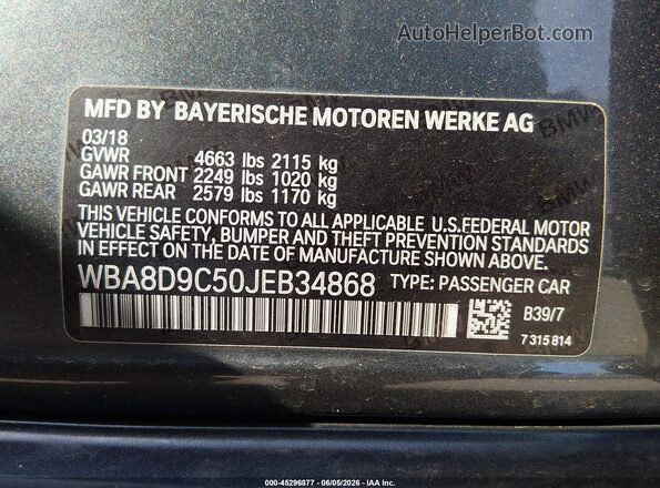 WBA8D9C50JEB34868 2018 BMW 3 SERIES Gray Widok komory silnika