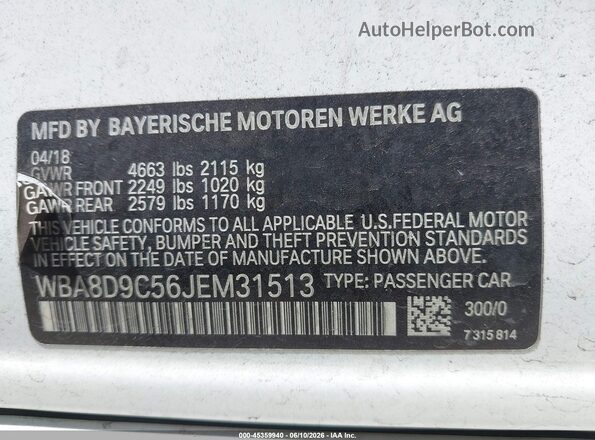 WBA8D9C56JEM31513 2018 BMW 3 SERIES White Engine compartment view