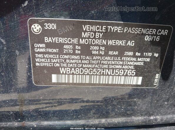 WBA8D9G52HNU59765 2017 BMW 3 SERIES Blue Vista del compartimento del motor