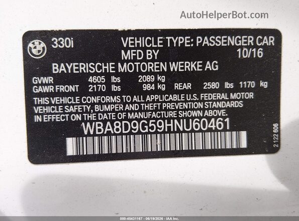 WBA8D9G59HNU60461 2017 BMW 3 SERIES White Widok komory silnika