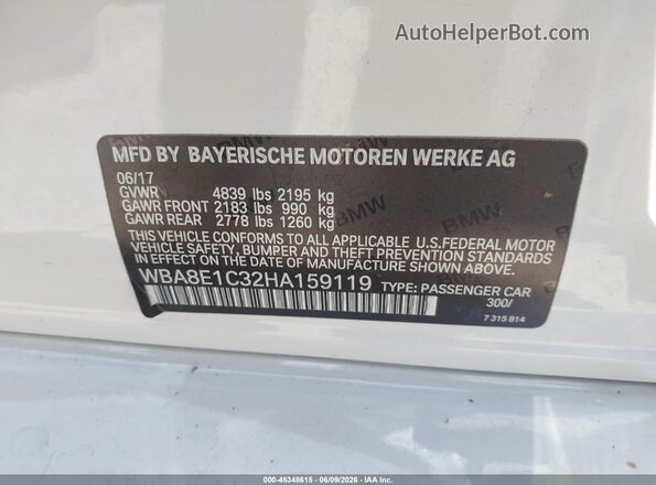 WBA8E1C32HA159119 2017 BMW 3 SERIES White Vista del compartimento del motor