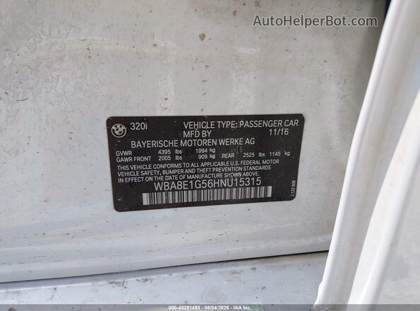 WBA8E1G56HNU15315 2017 BMW 3 SERIES White Engine compartment view