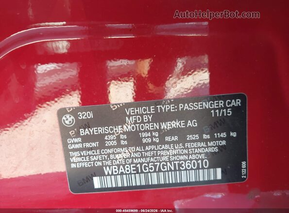 WBA8E1G57GNT36010 2016 BMW 3 SERIES Red Вид підкапотного простору