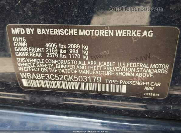 WBA8E3C52GK503179 2016 BMW 3 SERIES Dark Blue ძრავის განყოფილების ხედი