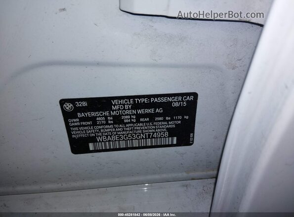 WBA8E3G53GNT74958 2016 BMW 3 SERIES Белый Вид подкапотного пространства