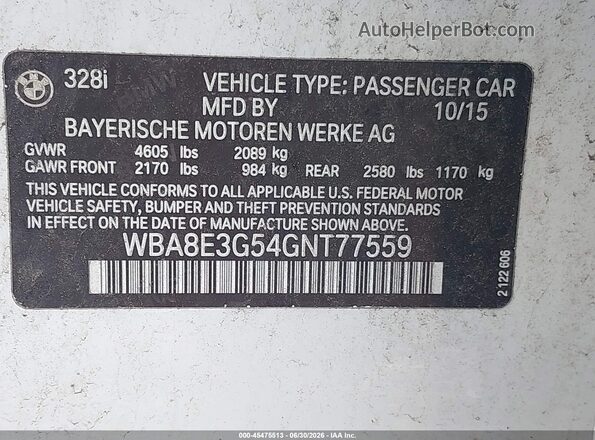 WBA8E3G54GNT77559 2016 BMW 3 SERIES White ძრავის განყოფილების ხედი