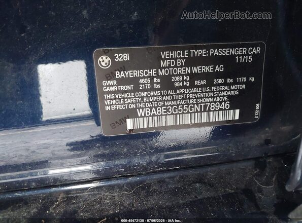 WBA8E3G55GNT78946 2016 BMW 3 SERIES Blue Vista del compartimento del motor