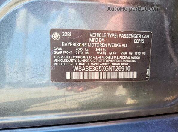 WBA8E3G5XGNT26910 2016 BMW OTHER Gray Вид підкапотного простору