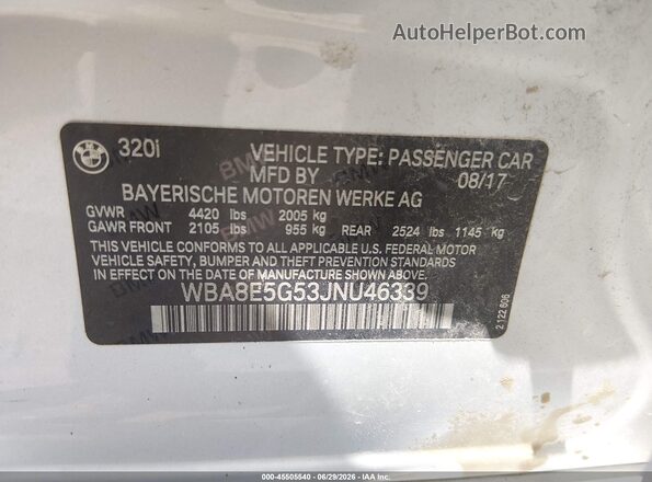 WBA8E5G53JNU46339 2018 BMW 3 SERIES Silver Вид підкапотного простору