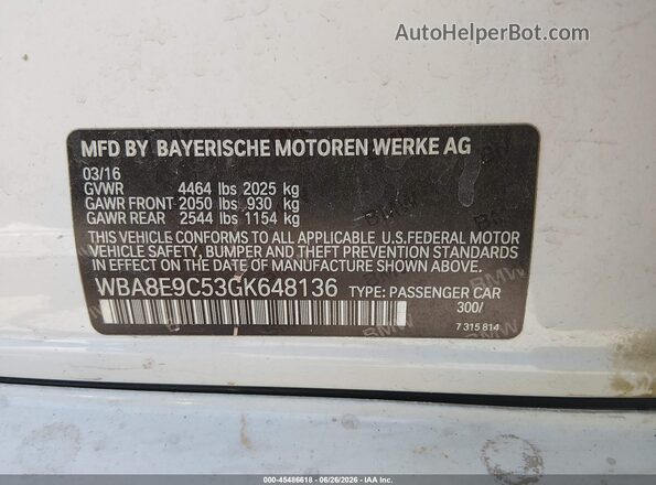WBA8E9C53GK648136 2016 BMW 3 SERIES White ძრავის განყოფილების ხედი
