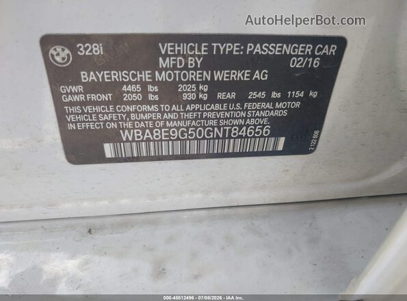 WBA8E9G50GNT84656 2016 BMW 3 SERIES Белый Вид подкапотного пространства
