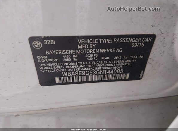 WBA8E9G53GNT44085 2016 BMW 3 SERIES White Շարժիչի բաժամունքի տեսք