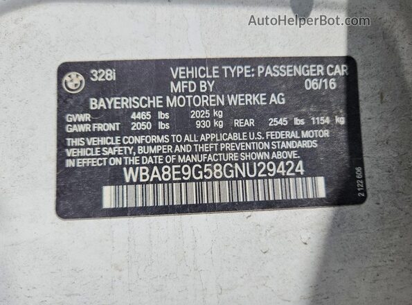 WBA8E9G58GNU29424 2016 BMW 3 SERIES Белый Вид подкапотного пространства
