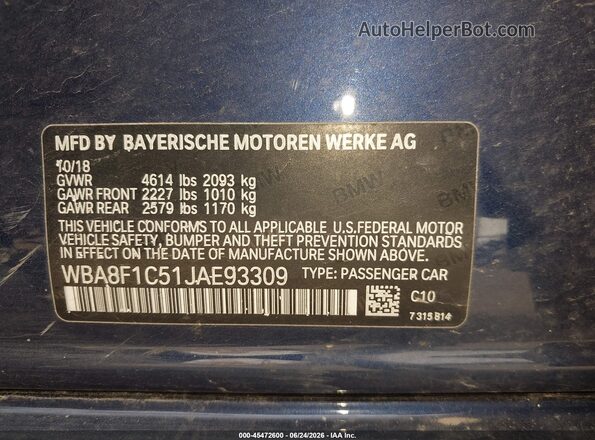 WBA8F1C51JAE93309 2018 BMW 3 SERIES Синий Вид подкапотного пространства