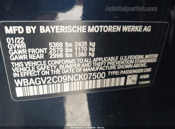 WBAGV2C09NCK07500 2022 BMW 8 SERIES Blue Vista del compartimento del motor