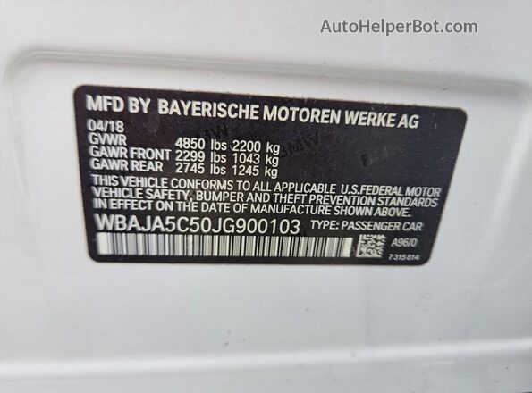 WBAJA5C50JG900103 2018 BMW 5 SERIES White 