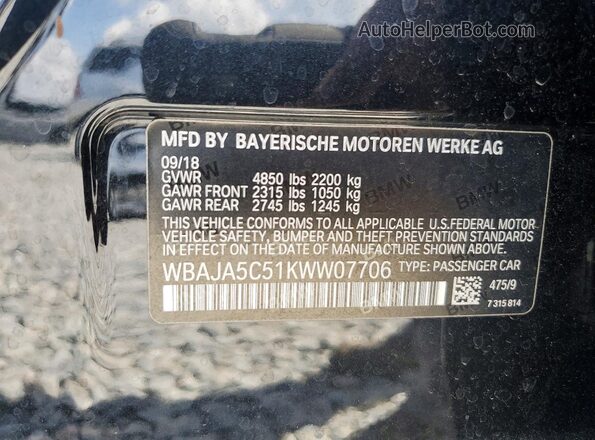 WBAJA5C51KWW07706 2019 BMW 5 SERIES Black VIN կոդի պիտակի տեսք