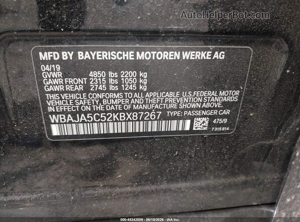WBAJA5C52KBX87267 2019 BMW 5 SERIES Черный Вид подкапотного пространства